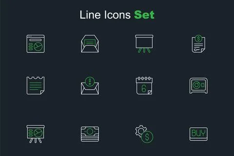 Set line Buy button, Gear with dollar symbol, Stacks paper money cash, Boar.. Stock Illustration