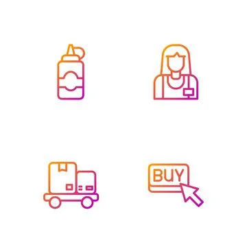 Set line Buy button, Hand truck and boxes, Sauce bottle and Seller. Gradient 스톡 일러스트