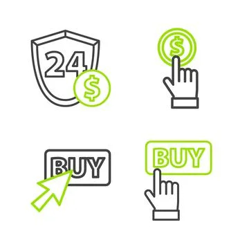 Set line Buy button, Hand holding coin and Shield with dollar icon. Vector 스톡 일러스트