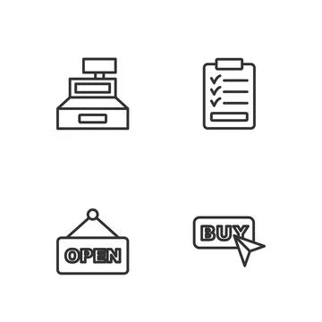 Set line Buy button, Hanging sign with text Open, Cash register machine and Stock Illustration