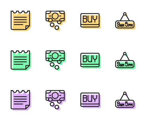 Set line Buy button, Notebook, Stacks paper money cash and From 9 5 job icon Illustrazione stock