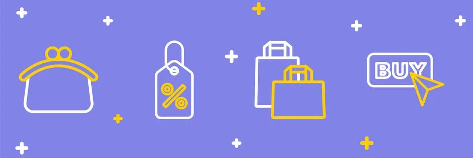 Set line Buy button, Paper shopping bag, Discount percent tag and Wallet ic.. Stock Illustration
