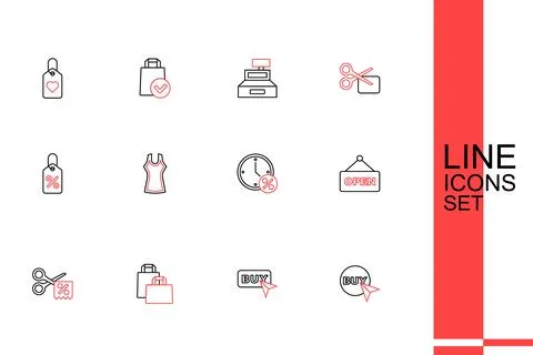 Set line Buy button, Paper shopping bag, Scissors cuts discount coupon, Han.. Stock Illustration