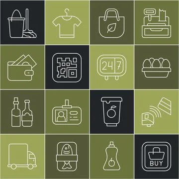 Set line Buy button, POS terminal with credit card, Chicken egg box, Shopping Illustrazione stock