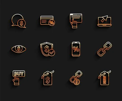 Set line Buy button, Price tag with dollar, Speech bubble, Chain link and coin Stock Illustration