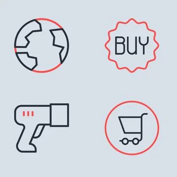 Set line Buy button, Scanner scanning bar code, Shopping cart and Worldwide.. Stock-Illustration