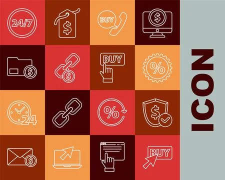 Set line Buy button, Shield with dollar, Discount percent tag, Phone and spee Stock Illustration