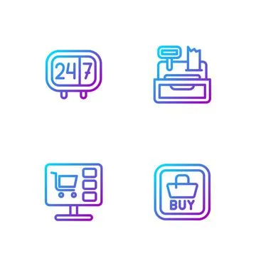 Set line Buy button, Shopping cart computer, Clock 24 hours and Cash register Stock Illustration