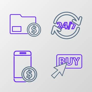 Set line Buy button, Smartphone with dollar, Clock 24 hours and Envelope co.. Stock Illustration