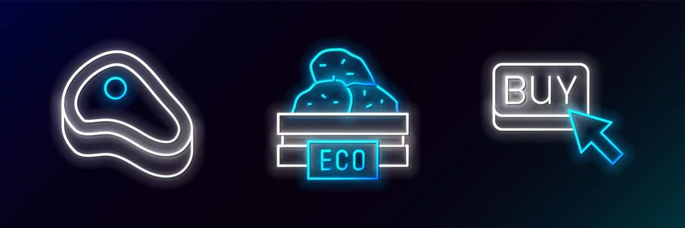 Set line Buy button, Steak meat and Wooden box for fruits icon. Glowing neo.. Stock Illustration