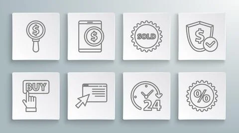 Set line Buy button, Tablet with dollar, Online shopping screen, Clock 24 hours Stock Illustration