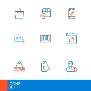 Set line Buyer, Price tag with dollar, Hanging sign text Closed, Shopping d.. Stock Illustration