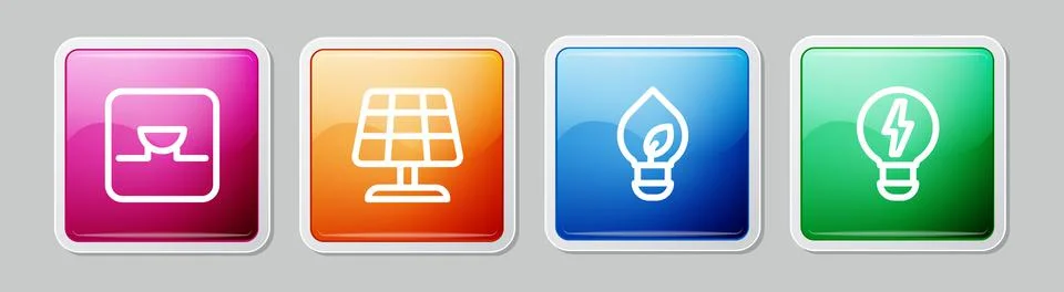Set line Buzzer in electronic circuit, Solar energy panel, Light bulb with le Illustrazione stock