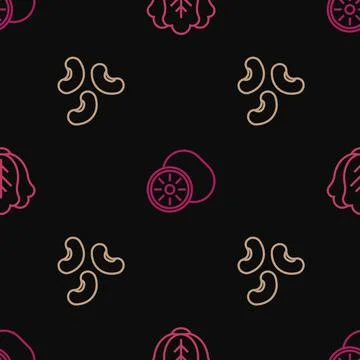 Set line Cabbage, Beans and Kiwi fruit on seamless pattern. Vector Stock Illustration