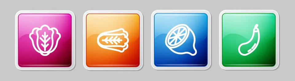Set line Cabbage, , Lemon and Eggplant. Colorful square button. Vector Stock Illustration