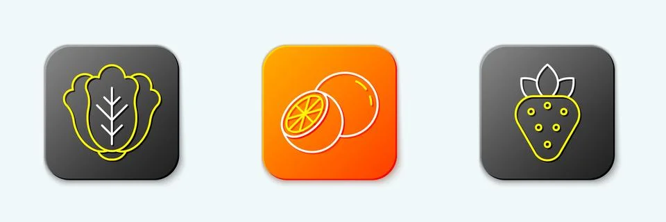 Set line Cabbage, Orange fruit and Strawberry icon. Vector Stock Illustration