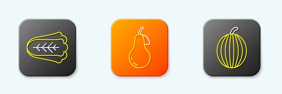 Set line Cabbage, Pear and Watermelon icon. Vector Stock Illustration