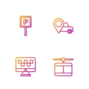 Set line Cable car, Computer call taxi service, Parking and Location with Stock Illustration