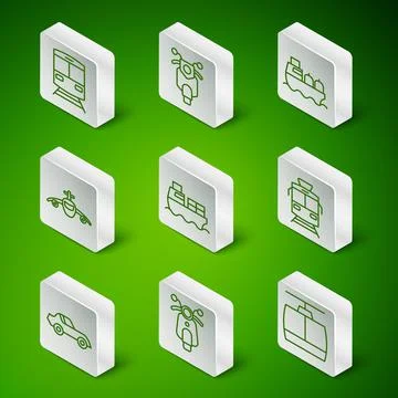 Set line Cable car, Scooter, Train and railway, Cargo ship with boxes deliver Stock Illustration