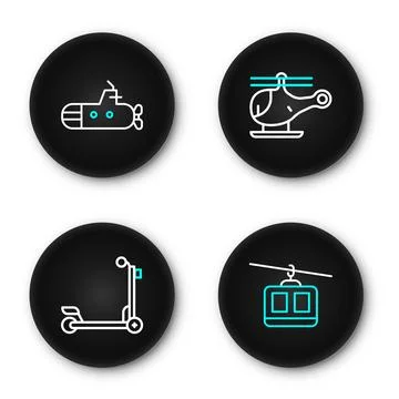 Set line Cable car, Scooter, Helicopter and Submarine icon. Vector Stock Illustration