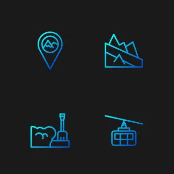 Set line Cable car, Shovel in snowdrift, Location with mountain and Mountain Illustration