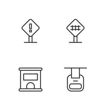 Set line Cable car, Ticket office to buy tickets, Exclamation mark in square and Stock Illustration