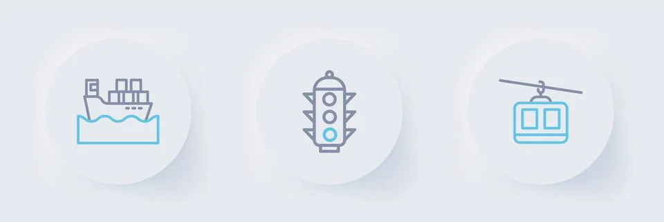 Set line Cable car, Traffic light and Cargo ship with boxes icon. Vector Illustrazione stock