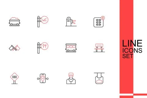 Set line Cable car, Train conductor, Route location, Railroad crossing, Wai.. Stock Illustration
