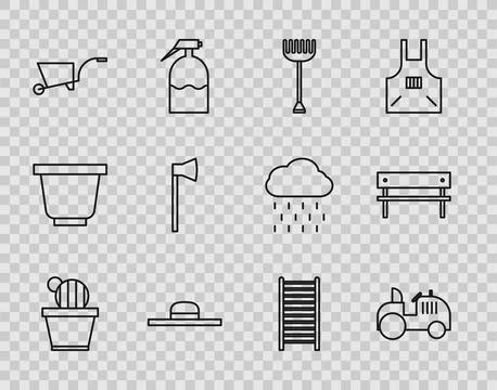 Set line Cactus and succulent in pot, Tractor, Garden rake, Worker hat, Whe.. Stock Illustration