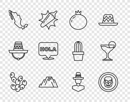 Set line Cactus, Mexican skull coin, Tomato, Volcano eruption with lava, Ma.. Stock Illustration