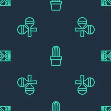 Set line Cactus or succulent in pot, Maracas and Mexican carpet on seamless Stock Illustration