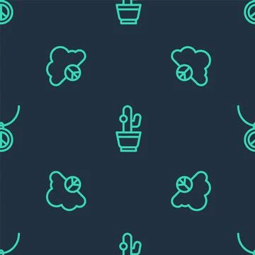 Set line Cactus, Peace cloud and Necklace with peace symbol on seamless pattern Stockillustratie