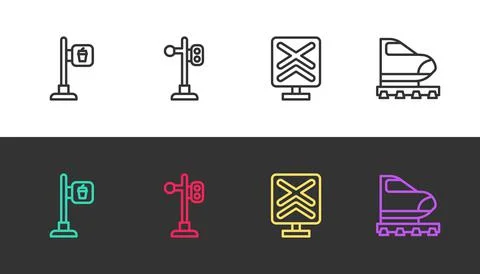Set line Cafe and restaurant location, Train traffic light, Railroad crossing Illustrazione stock