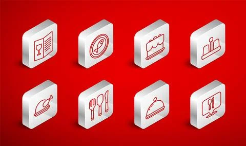 Set line Cafe and restaurant location, Served fish plate, Cake, Salt pepper.. Illustrazione stock
