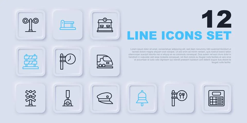 Set line Cafe and restaurant location, Train station board, clock, bell, En.. Stock Illustration