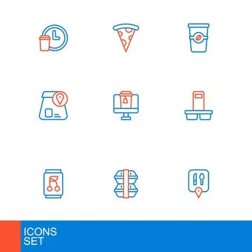 Set line Cafe and restaurant location, Lunch box, Soda can, Coffee cup to g.. Stock Illustration