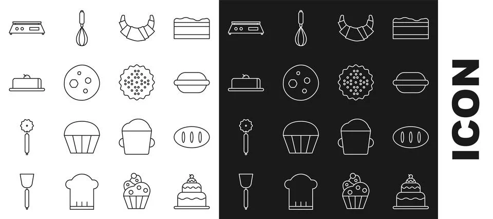 Set line Cake, Bread loaf, Macaron cookie, Croissant, Cookie or biscuit wit.. Stock Illustration