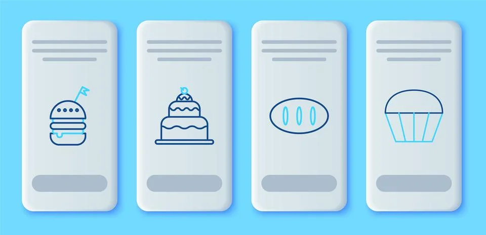 Set line Cake, Bread loaf, Burger and Muffin icon. Vector Stock Illustration