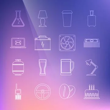 Set line Cake with burning candles, Table lamp, Stacks paper money cash, Coffee Stock Illustration