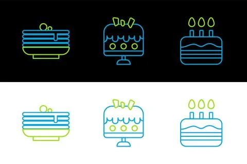 Set line Cake with burning candles, Stack of pancakes and on plate icon. Vector Illustrazione stock