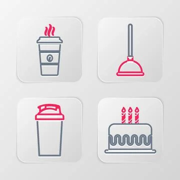 Set line Cake with burning candles, Fitness shaker, Rubber plunger and Coffee Stock Illustration