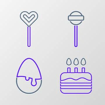 Set line Cake with burning candles, Chocolate egg, Lollipop and  icon. Vector Stock Illustration