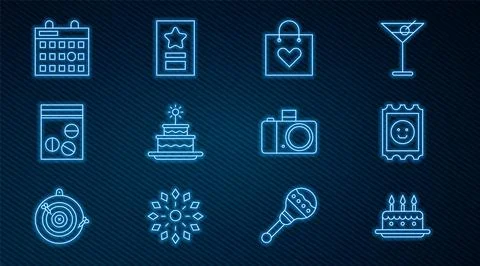 Set line Cake with burning candles, LSD acid mark, Shopping bag heart, Plas.. Stock Illustration