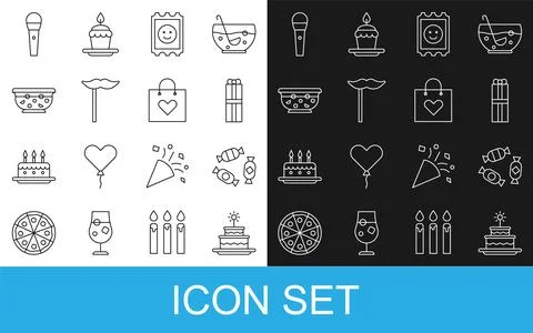 Set line Cake with burning candles, Candy, Gift box, LSD acid mark, Paper m.. Stock Illustration