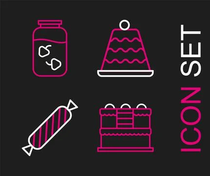 Set line Cake, Candy,  and Strawberry jam jar icon. Vector Stock Illustration