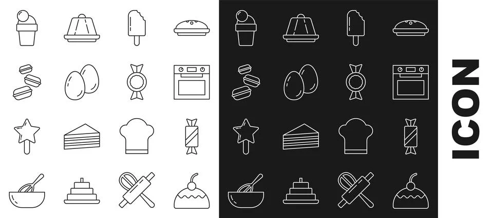Set line Cake, Candy, Oven, Ice cream, Easter eggs, Macaron cookie, and icon Illustrazione stock