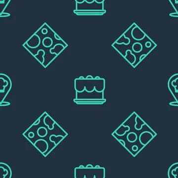Set line Cake, Cheese and Chef hat with location on seamless pattern. Vector Stock Illustration