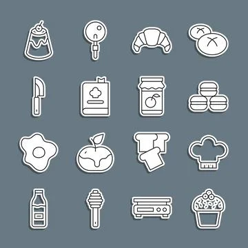 Set line Cake, Chef hat, Macaron cookie, Croissant, Cookbook, Knife, Pudding Illustrazione stock