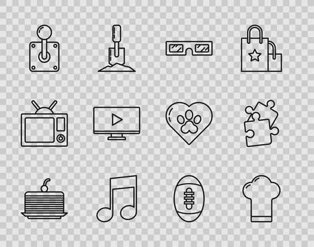 Set line Cake, Chef hat, 3D cinema glasses, Music note, tone, Joystick for .. イラスト素材