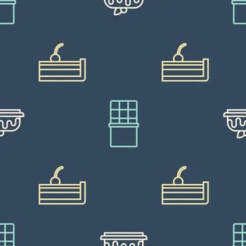 Set line Cake, Cherry cheesecake and Chocolate bar on seamless pattern. Vector 스톡 일러스트